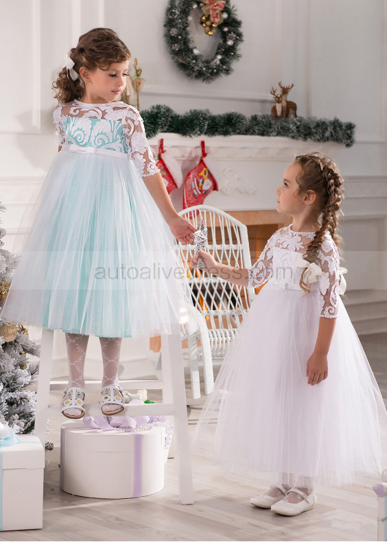 Empire Waist White Lace Tulle Tea Length Flower Girl Dress